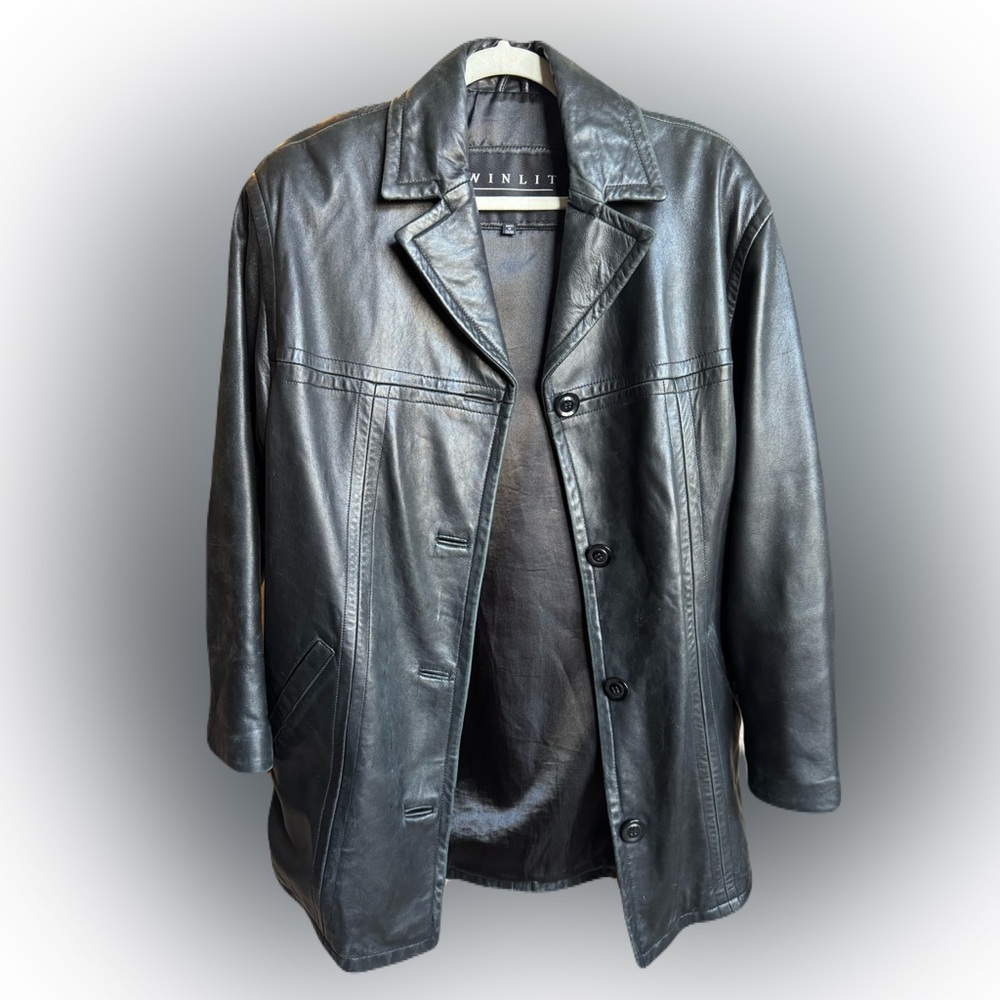 Vinilux Men's Classic Black Leather Trench Coat